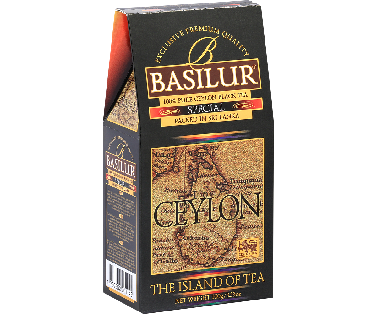 Opakowanie herbaty Basilur Special z mapą Cejlonu na froncie w eleganckiej czarno złotej stylistyce.