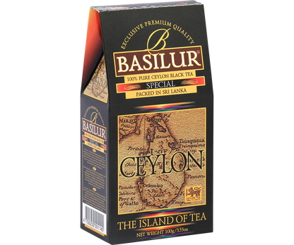 Opakowanie herbaty Basilur Special z mapą Cejlonu na froncie w eleganckiej czarno złotej stylistyce.