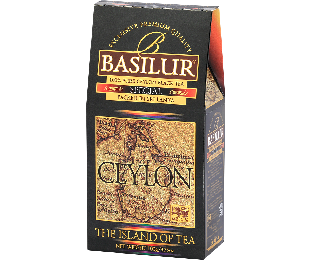 Herbata Basilur Special prezentowana pod lekkim kątem z widocznym logo i detalami opakowania.