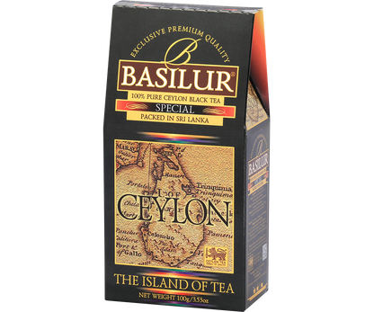Herbata Basilur Special prezentowana pod lekkim kątem z widocznym logo i detalami opakowania.