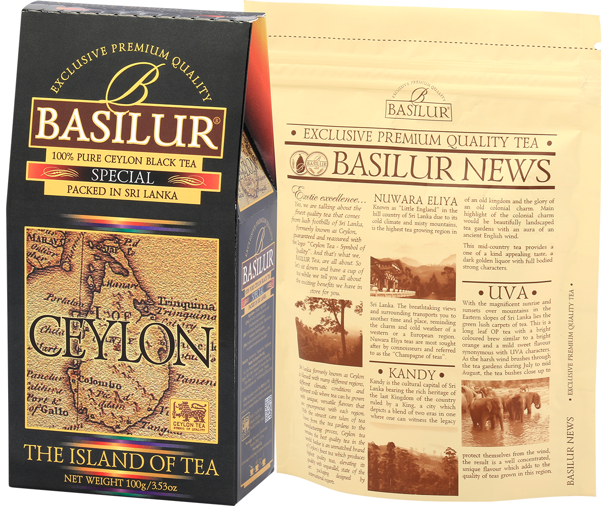 Opakowanie Basilur Special obok wewnętrznej torebki Basilur News z opisami regionów upraw cejlońskiej herbaty.