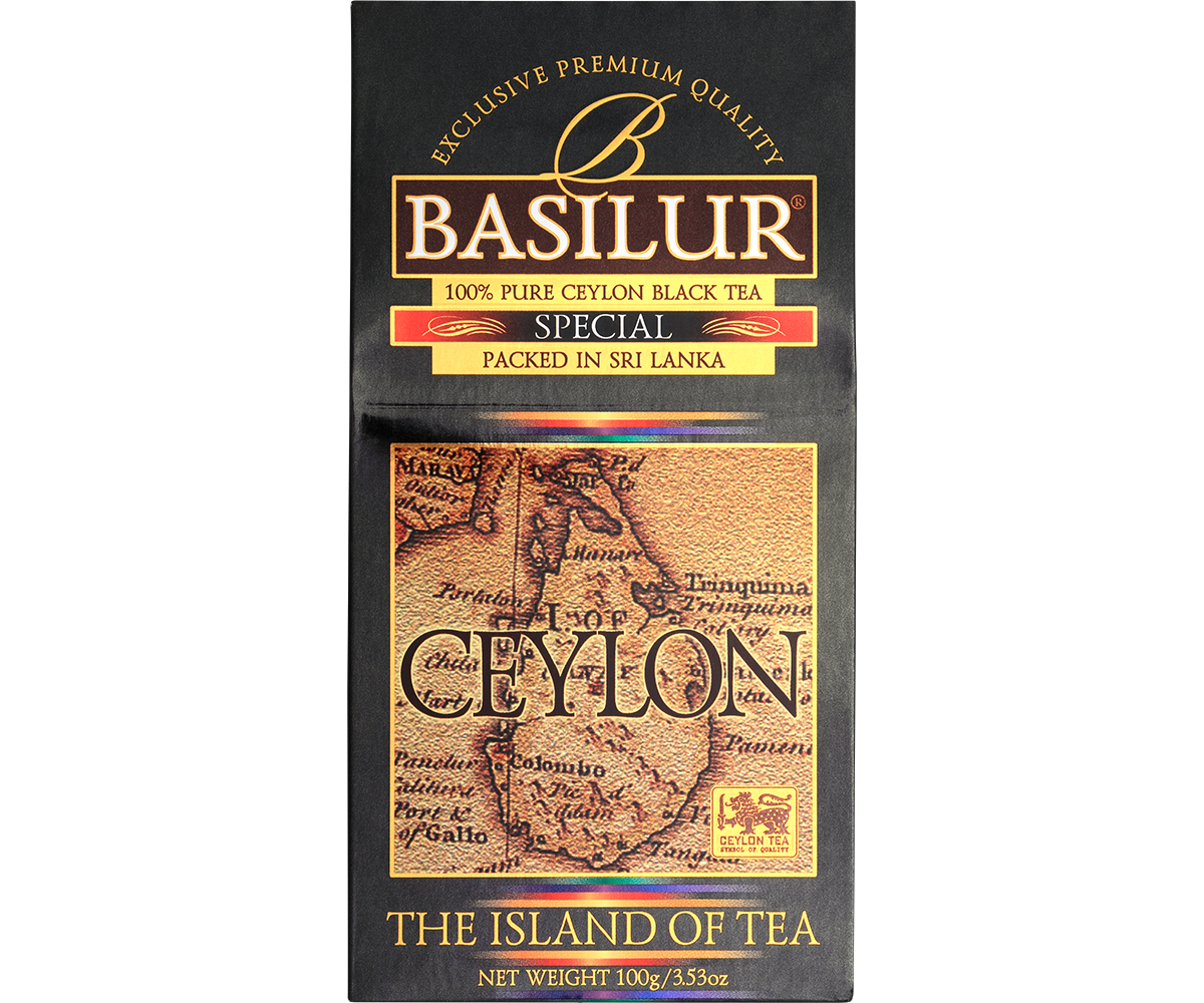 Front opakowania Basilur Special z wyraźnym oznaczeniem 100 percent pure Ceylon black tea.