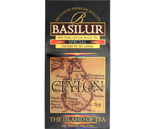 Front opakowania Basilur Special z wyraźnym oznaczeniem 100 percent pure Ceylon black tea.