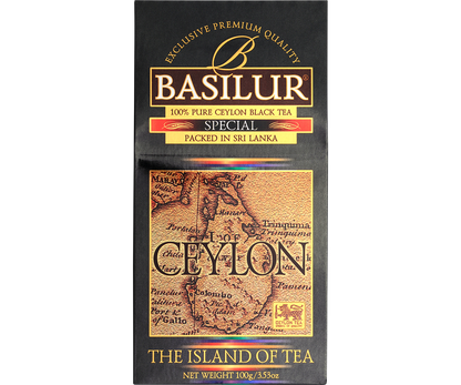 Front opakowania Basilur Special z wyraźnym oznaczeniem 100 percent pure Ceylon black tea.