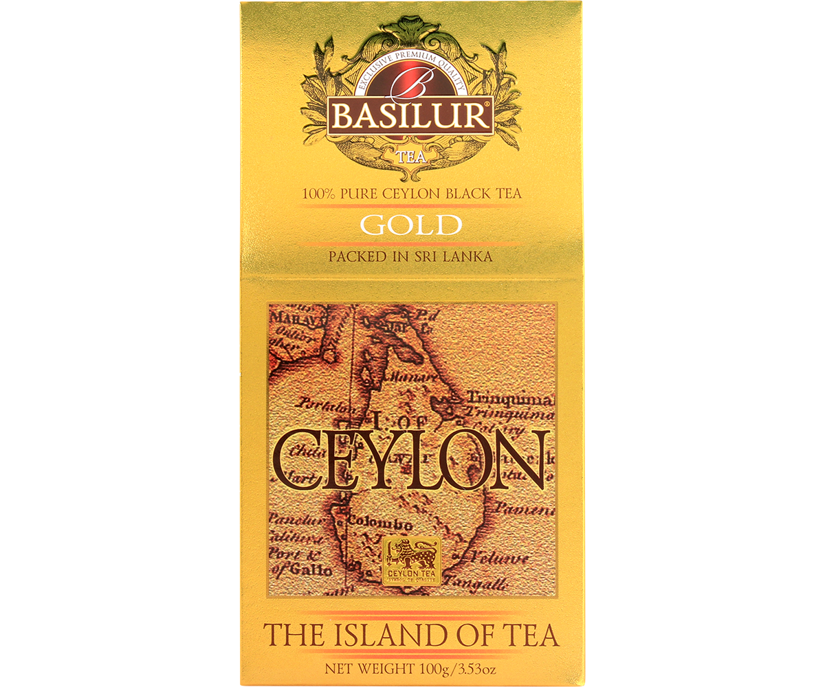 Przód opakowania Basilur Gold – herbata czarna cejlońska 100 g.