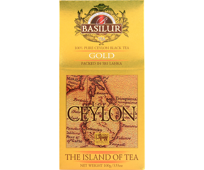 Przód opakowania Basilur Gold – herbata czarna cejlońska 100 g.