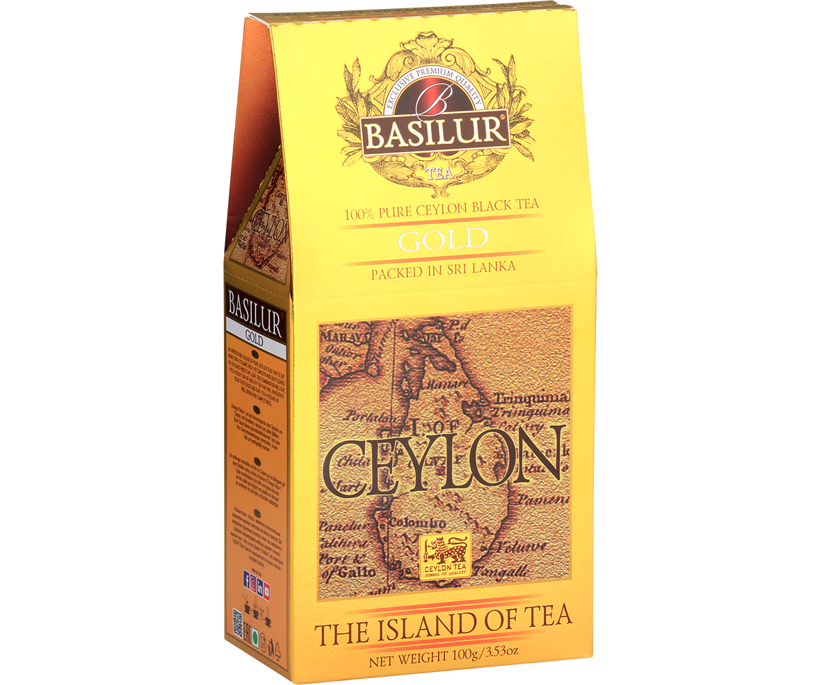 Bok pudełka Basilur Gold – czarna herbata cejlońska w złotym opakowaniu.