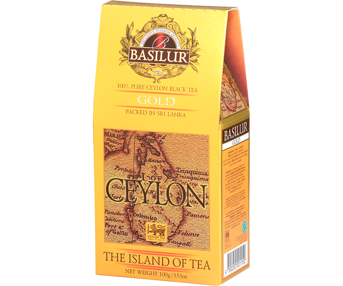 Opakowanie Basilur Gold z mapą Cejlonu i złotym logo marki.