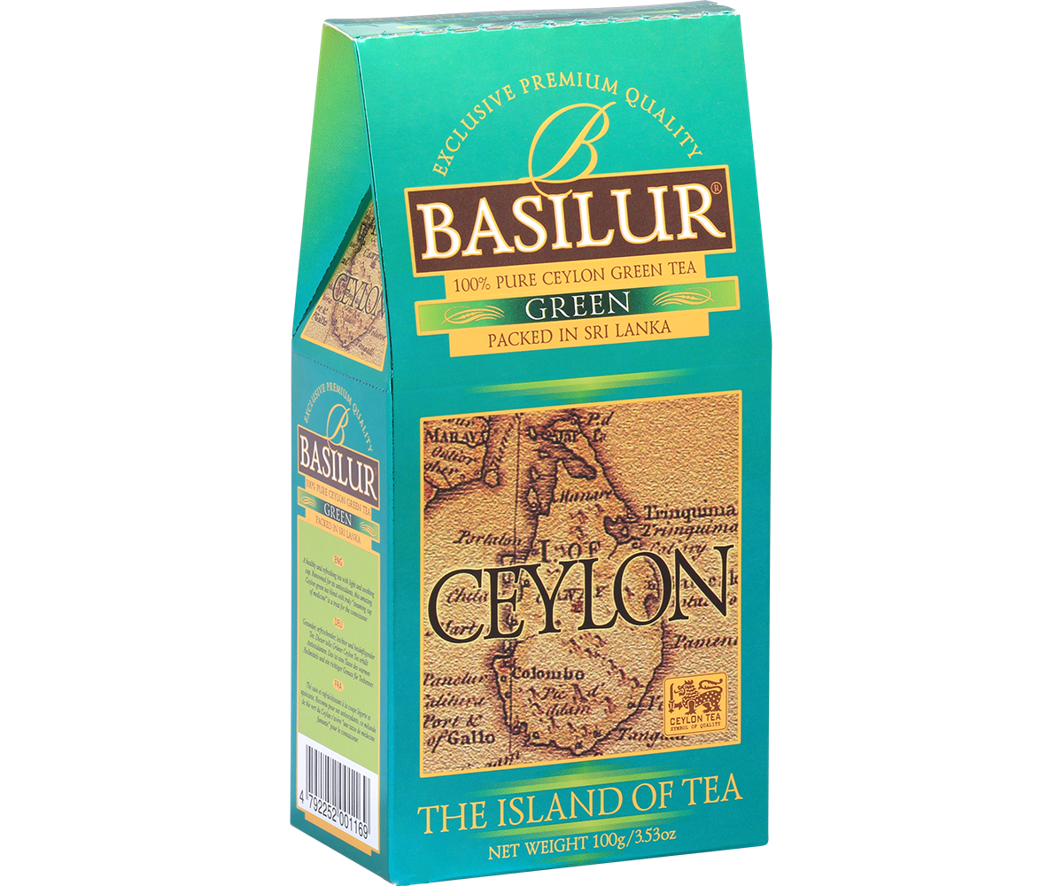 Bok pudełka herbaty Basilur Green 100 g z opisem i logo marki.