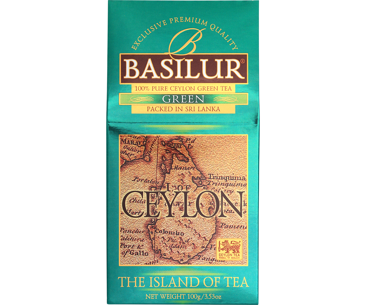 Front opakowania zielonej herbaty Basilur Green 100 g z mapą Cejlonu.