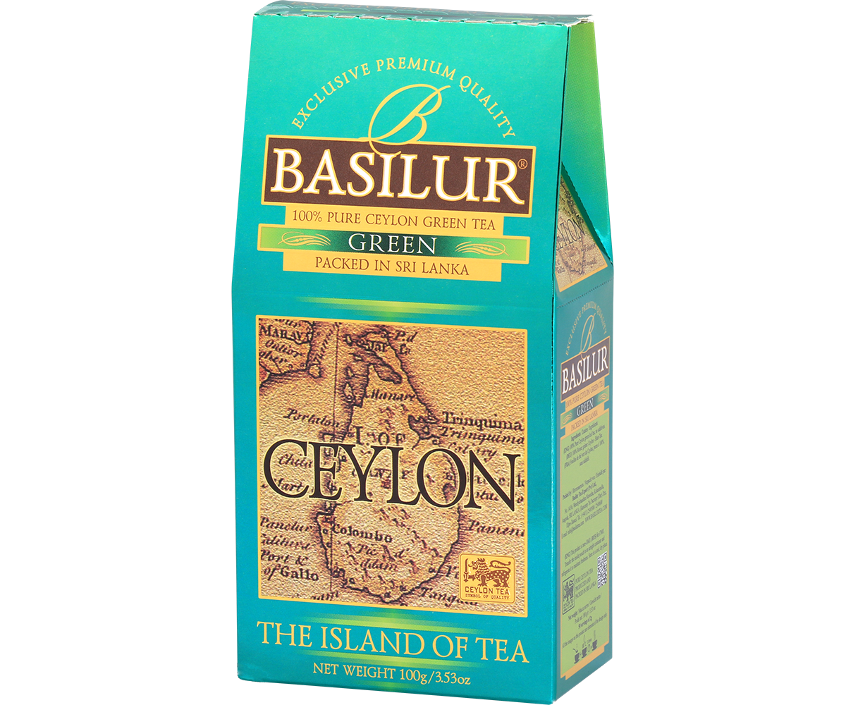 Skośne ujęcie opakowania zielonej herbaty Basilur Green 100 g.