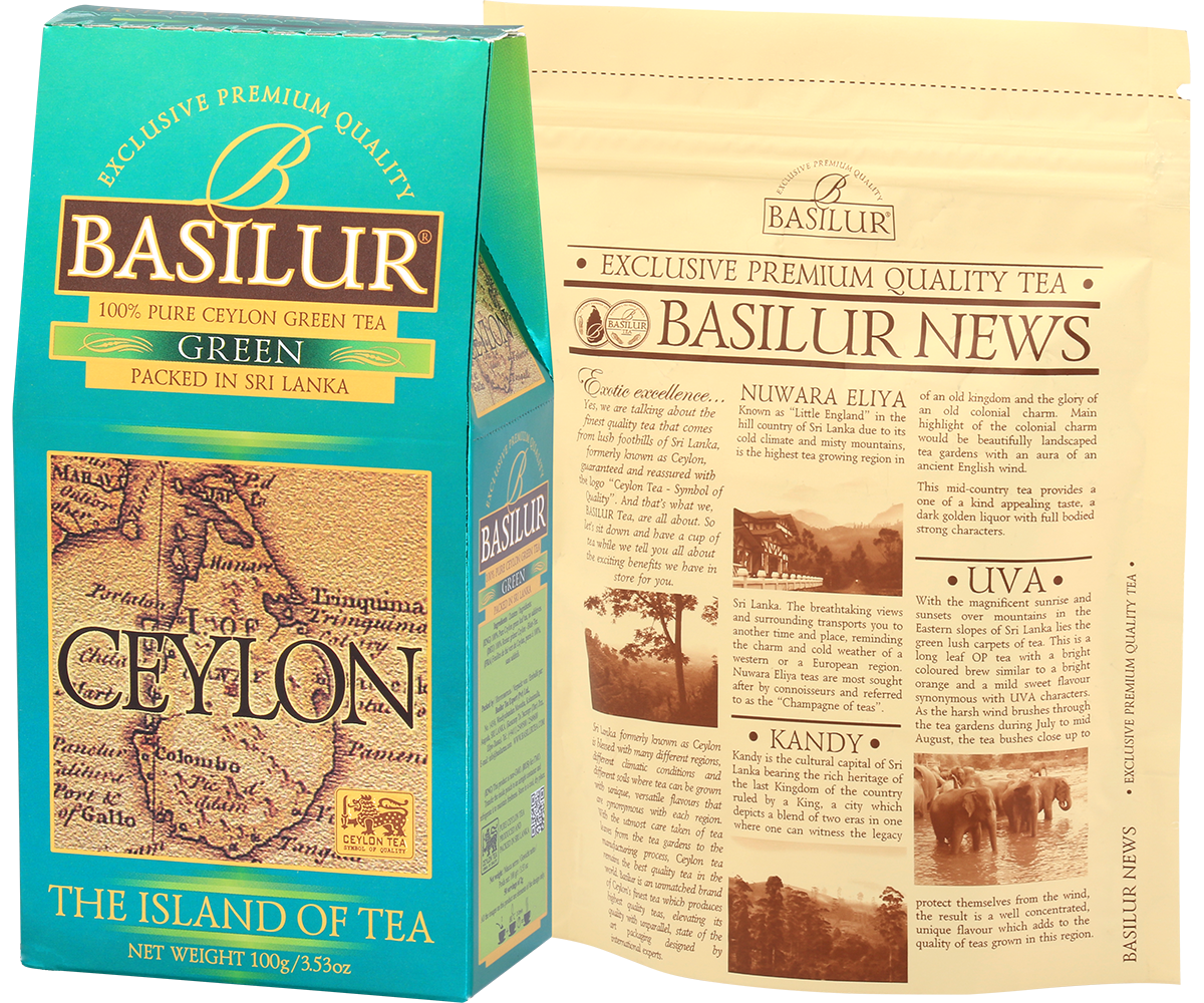 Opakowanie herbaty Basilur Green z wewnętrzną torebką i opisem Basilur News.