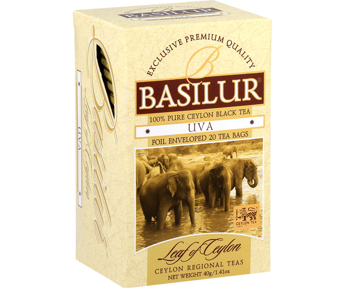 Widok boczny pudełka Basilur Uva, herbata Ceylon.