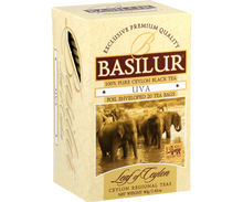 Widok boczny pudełka Basilur Uva, herbata Ceylon.