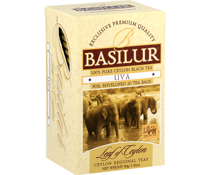 Widok boczny pudełka Basilur Uva, herbata Ceylon.