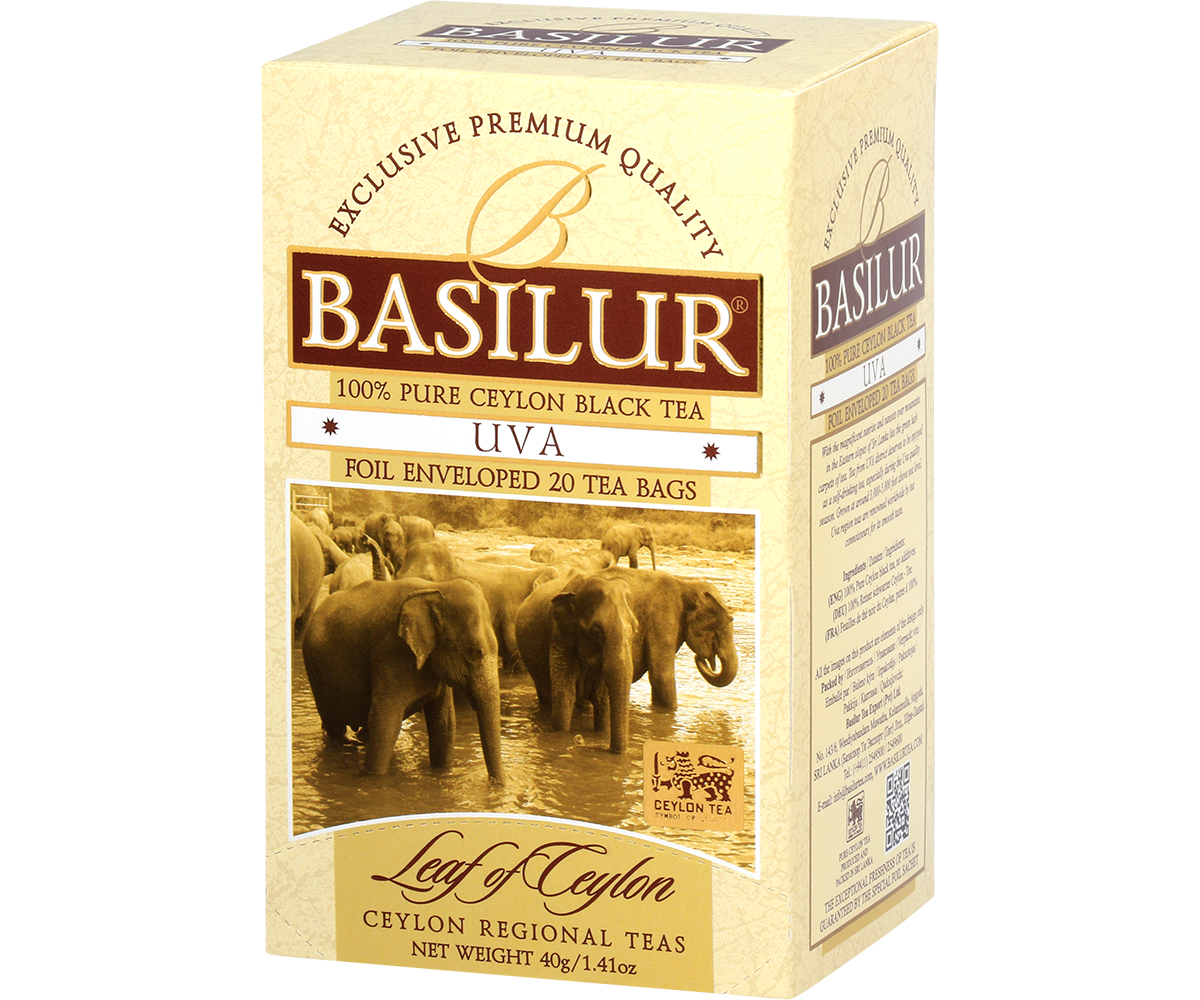 Bok pudełka herbaty Basilur Uva z informacjami o produkcie.