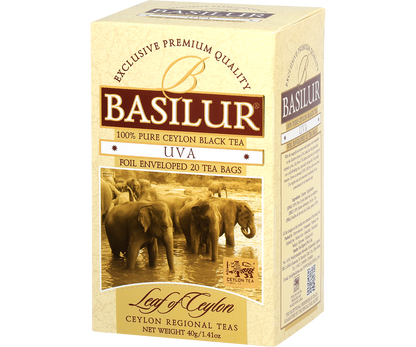 Bok pudełka herbaty Basilur Uva z informacjami o produkcie.