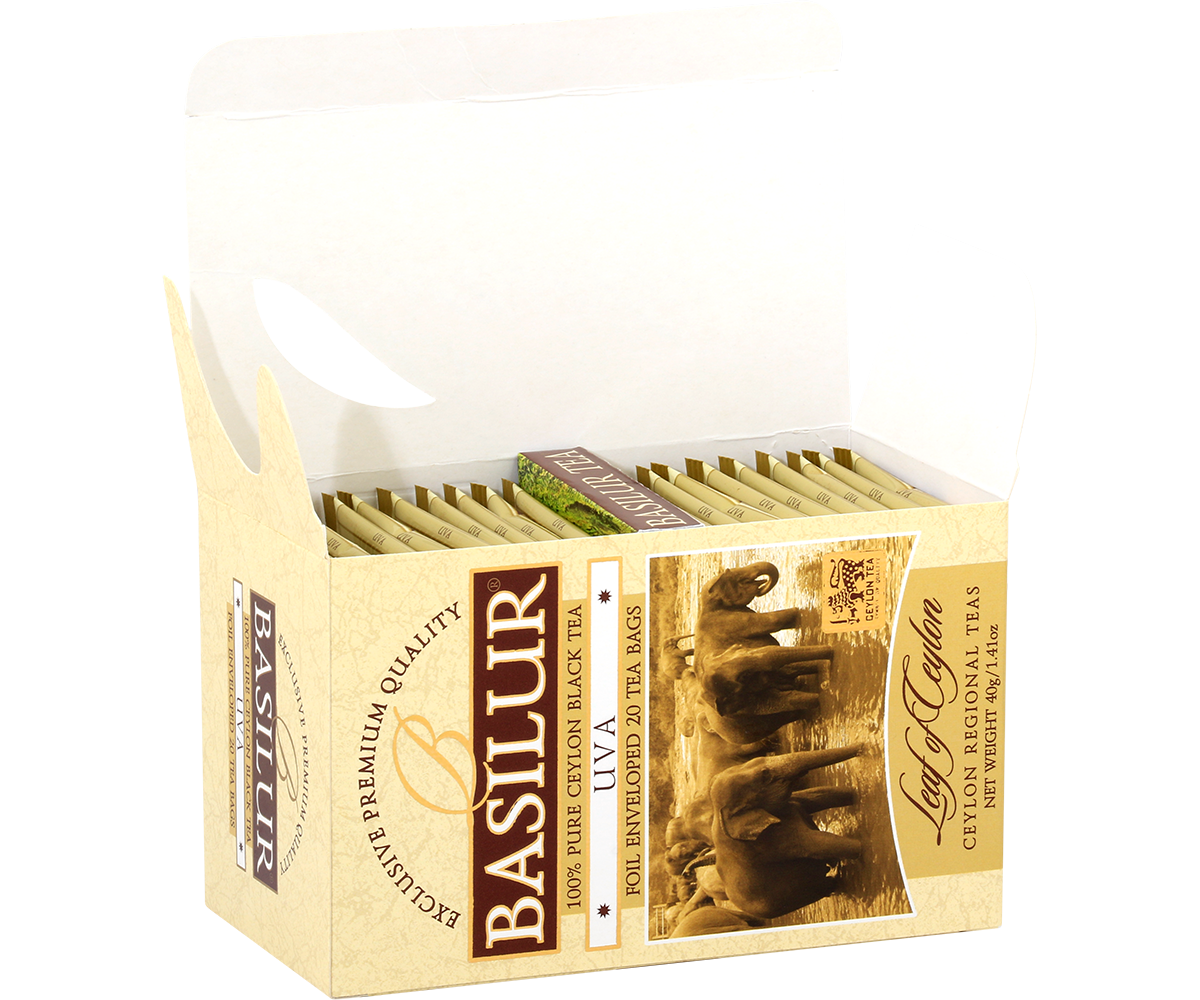 Otwarte pudełko Basilur Uva z kopertami herbaty.