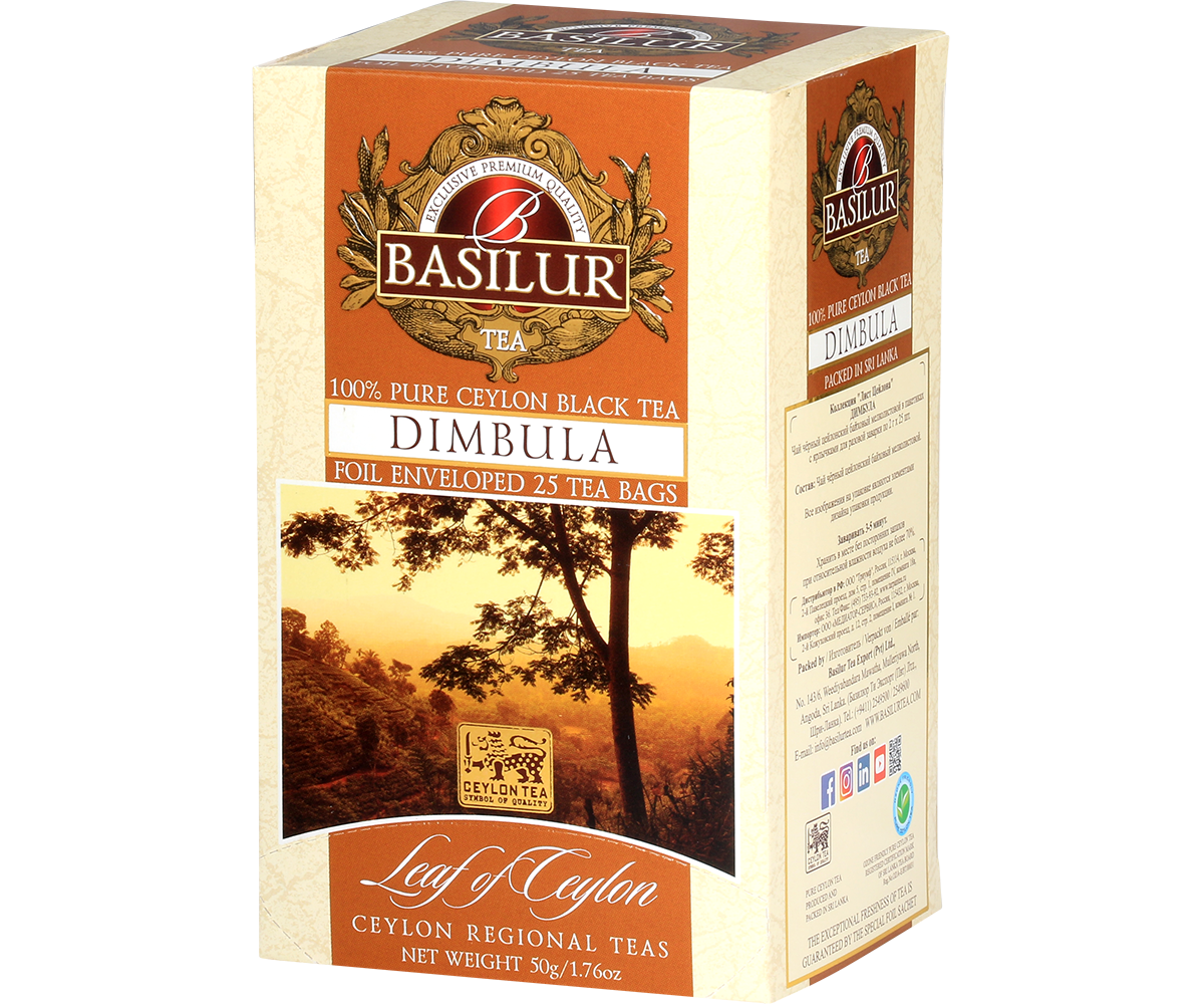 Bok opakowania Basilur Dimbula z logo i informacjami o herbacie cejlońskiej.