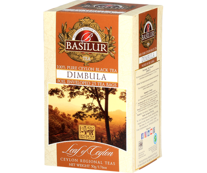 Bok opakowania Basilur Dimbula z logo i informacjami o herbacie cejlońskiej.