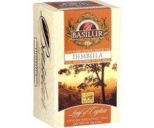 Pudełko herbaty Basilur Dimbula – widok z boku z motywem krajobrazu z gór Sri Lanki.