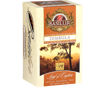 Pudełko herbaty Basilur Dimbula – widok z boku z motywem krajobrazu z gór Sri Lanki.