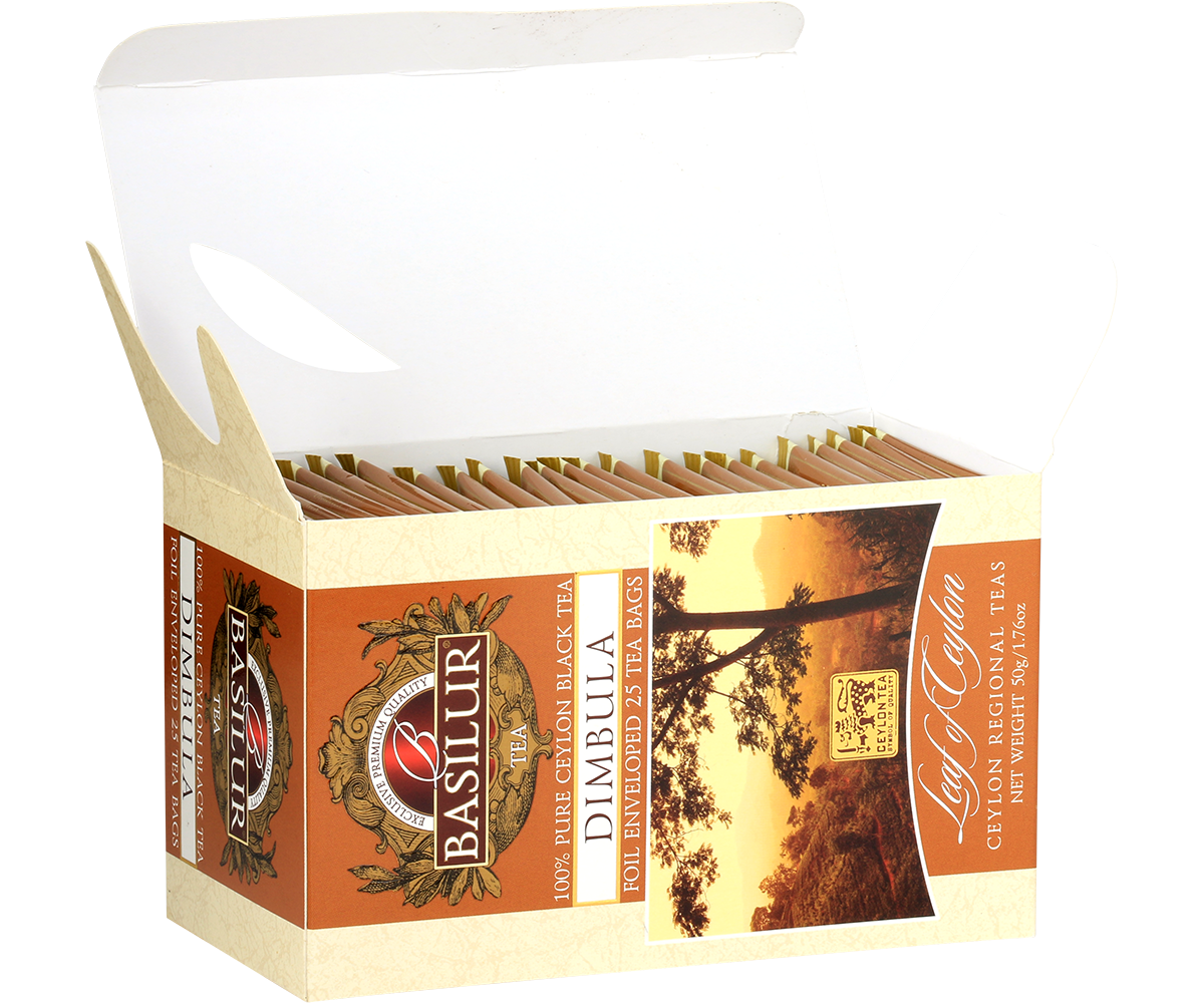 Opakowanie Basilur Dimbula otwarte – widoczne kopertowane torebki herbaty w środku.