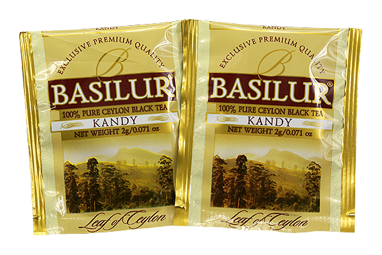 Saszetki Basilur Kandy – czarna herbata cejlońska w złotych kopertach.