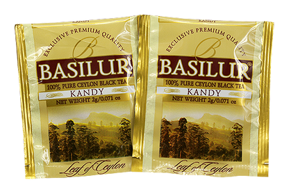 Saszetki Basilur Kandy – czarna herbata cejlońska w złotych kopertach.