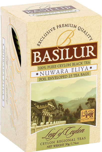 Opakowanie herbaty Basilur Nuwara Eliya – 25 kopertowanych saszetek czarnej herbaty cejlońskiej.
