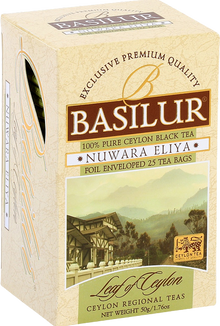 Opakowanie herbaty Basilur Nuwara Eliya – 25 kopertowanych saszetek czarnej herbaty cejlońskiej.