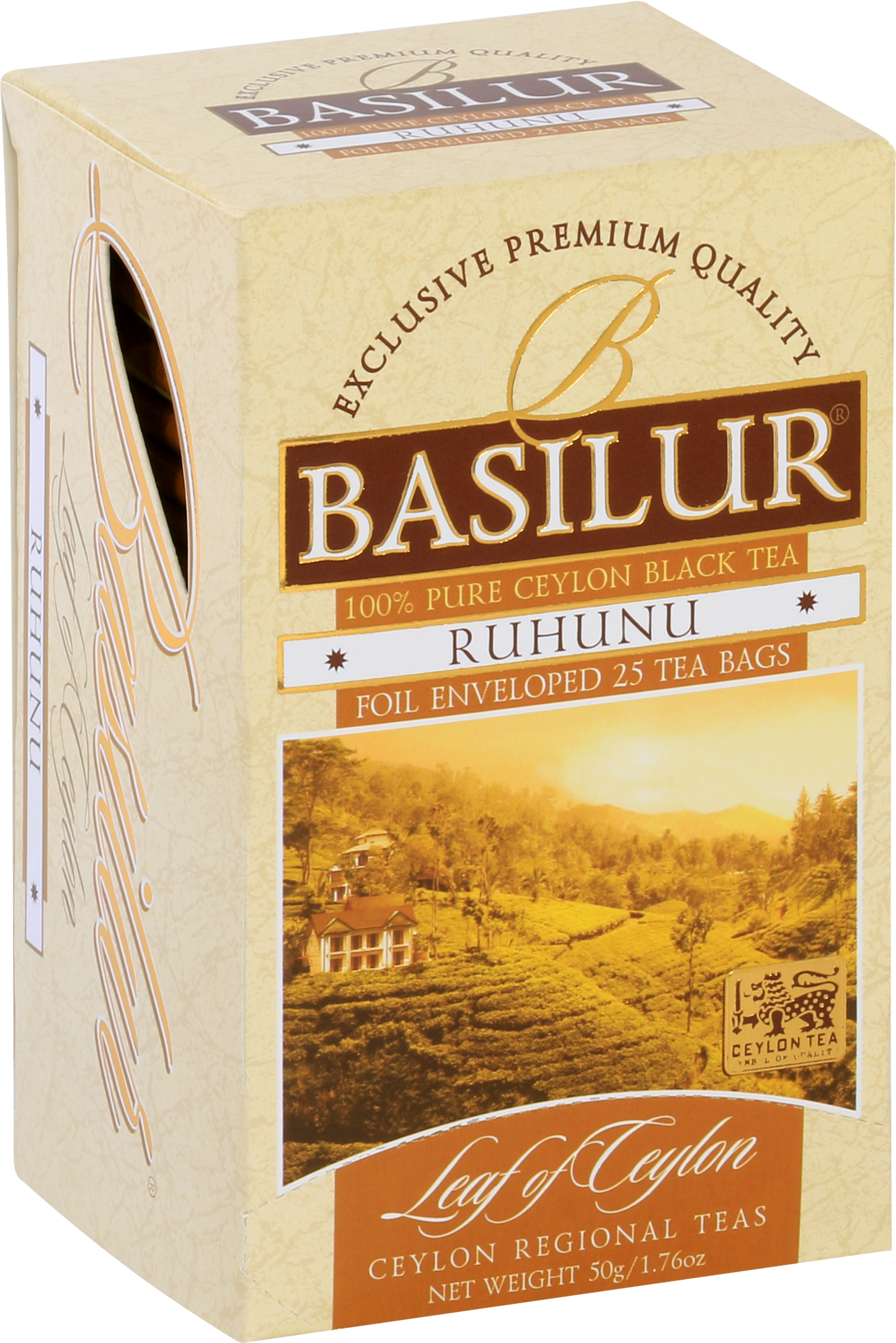 Bok pudełka Basilur Ruhunu – eleganckie opakowanie herbaty czarnej Basilur.