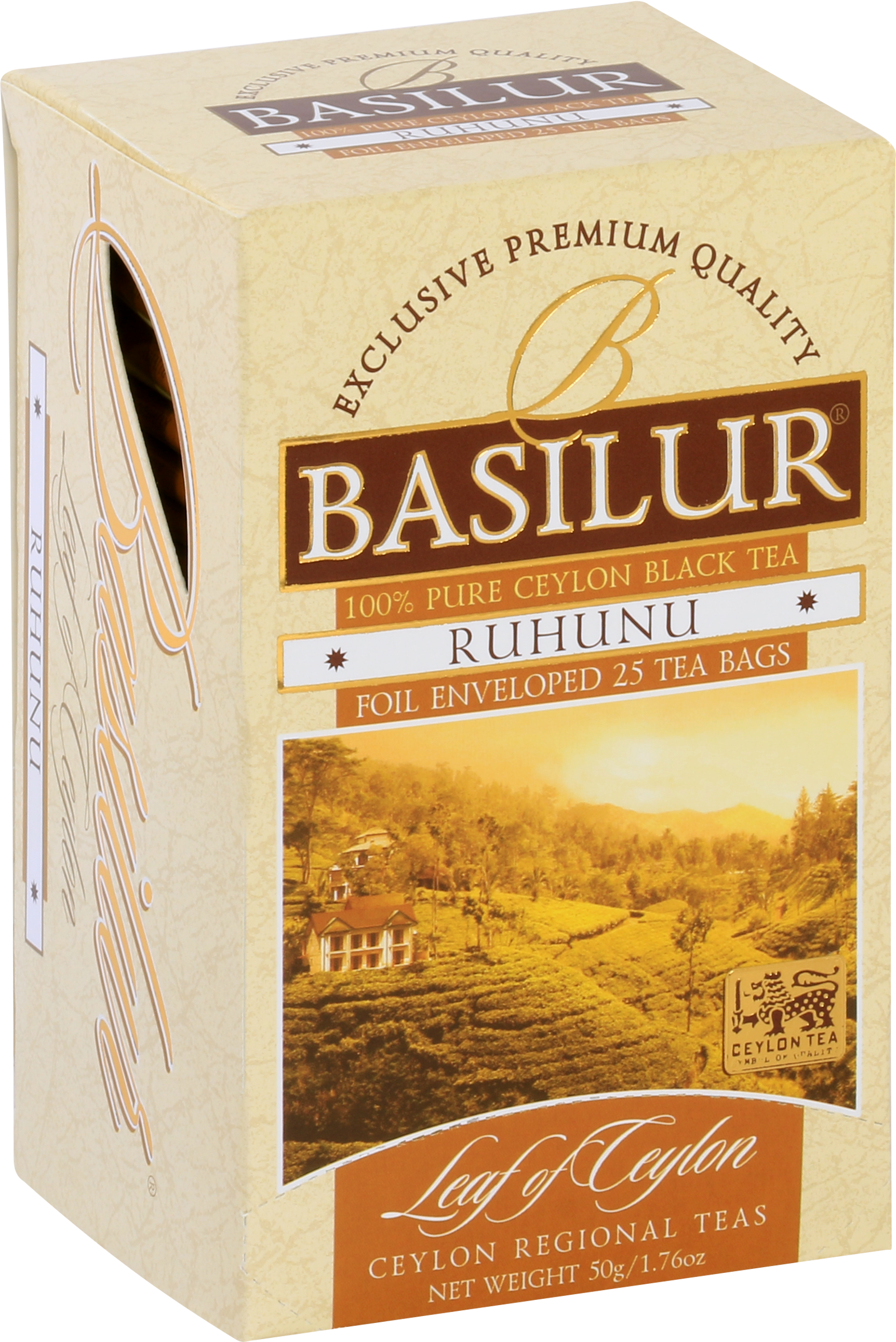 Bok pudełka Basilur Ruhunu – eleganckie opakowanie herbaty czarnej Basilur.