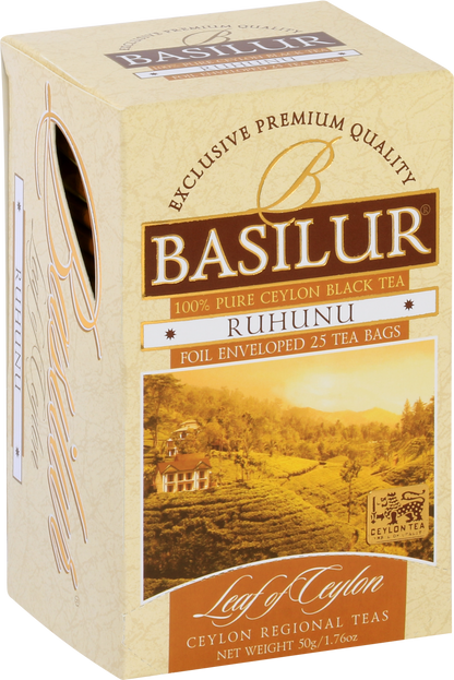 Bok pudełka Basilur Ruhunu – eleganckie opakowanie herbaty czarnej Basilur.