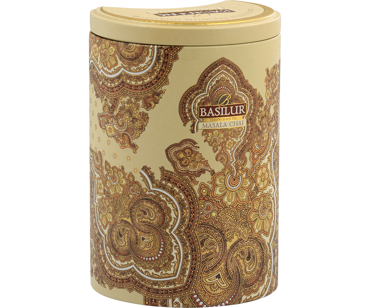 Herbata Basilur Masala Chai w beżowo-złotej puszce inspirowanej kulturą Indii.