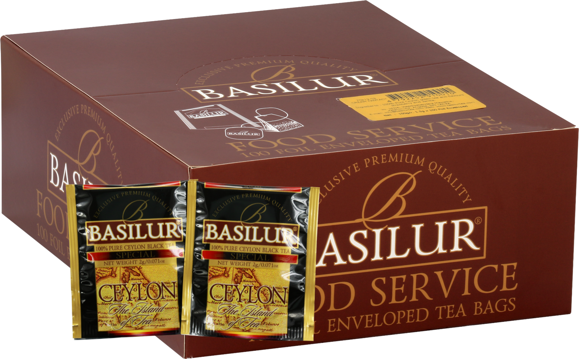 Opakowanie herbaty Basilur Special z widocznymi saszetkami czarnej herbaty cejlońskiej w eleganckich kopertach.