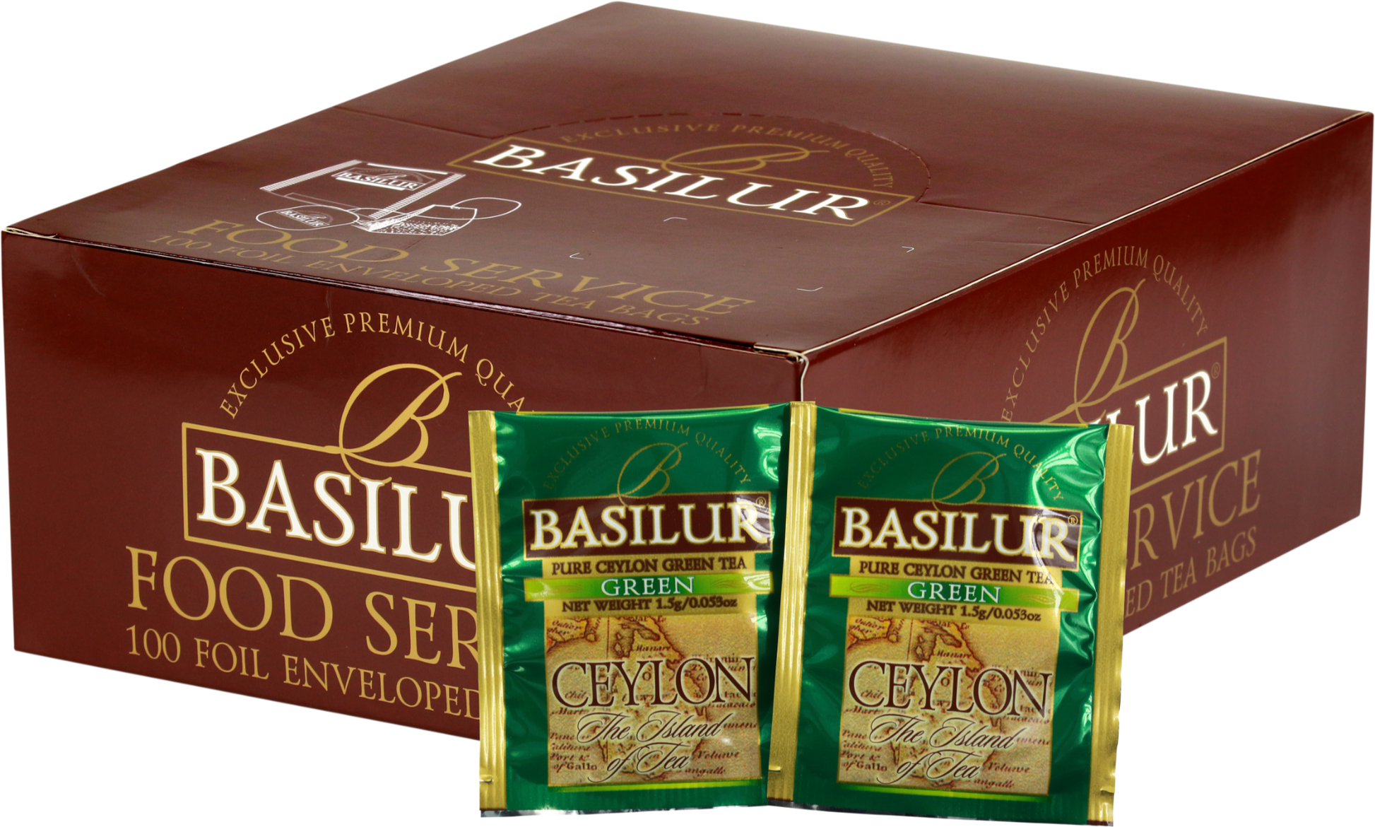 Opakowanie herbaty Basilur Green Ceylon z widocznymi saszetkami zielonej herbaty cejlońskiej.