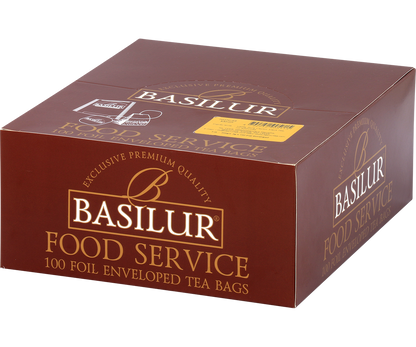 Widok z góry na pudełko herbaty Basilur Kandy – 100 kopert foliowanych.