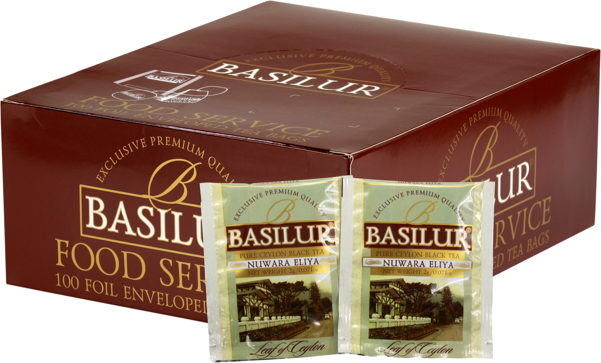 Opakowanie herbaty Basilur Nuwara Eliya z widocznymi saszetkami czarnej herbaty cejlońskiej.