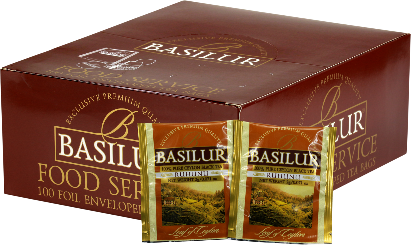 Opakowanie herbaty Basilur Ruhunu z widocznymi saszetkami czarnej herbaty cejlońskiej.