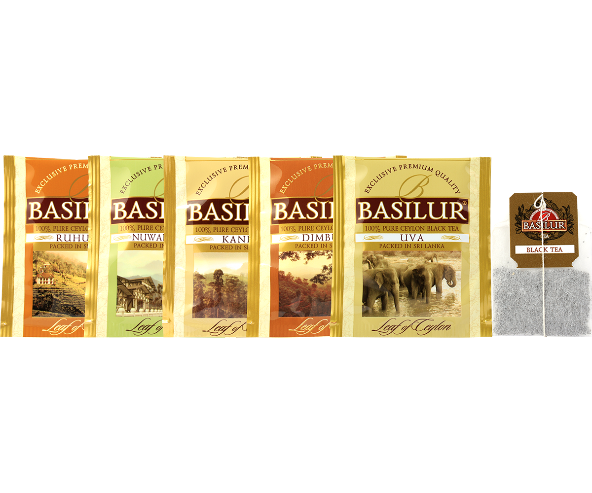 Saszetki i torebka Basilur Leaf of Ceylon, różnorodne herbaty cejlońskie w foliowych kopertach.