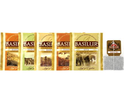 Saszetki i torebka Basilur Leaf of Ceylon, różnorodne herbaty cejlońskie w foliowych kopertach.