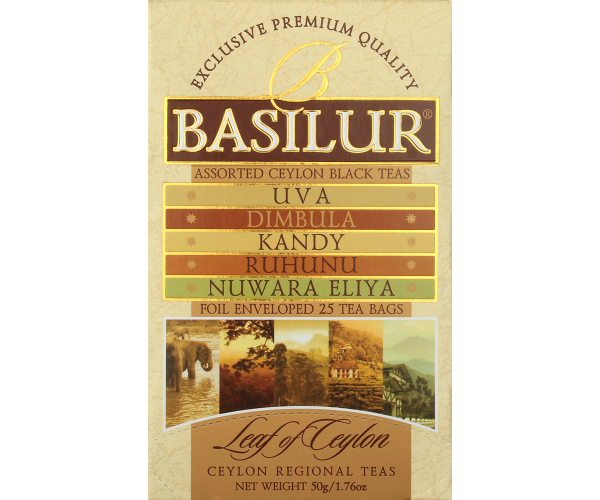 Przód opakowania Basilur Leaf of Ceylon, zestaw czarnych herbat z regionów Uva, Dimbula, Kandy, Ruhunu i Nuwara Eliya.