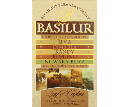 Przód opakowania Basilur Leaf of Ceylon, zestaw czarnych herbat z regionów Uva, Dimbula, Kandy, Ruhunu i Nuwara Eliya.