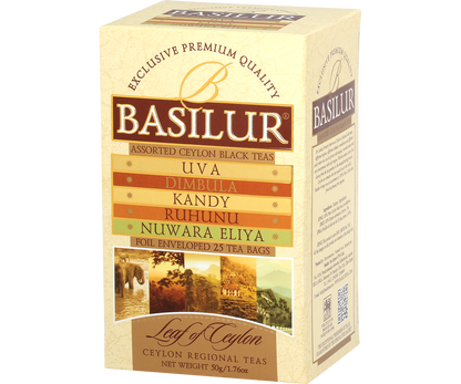 Bok opakowania herbaty Basilur Leaf of Ceylon, mieszanka regionalnych czarnych herbat cejlońskich.