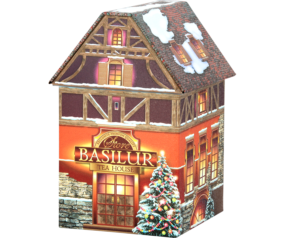 Puszka Basilur Christmas House widziana z prawej strony z zimowym motywem