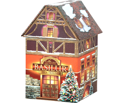 Puszka Basilur Christmas House widziana z prawej strony z zimowym motywem