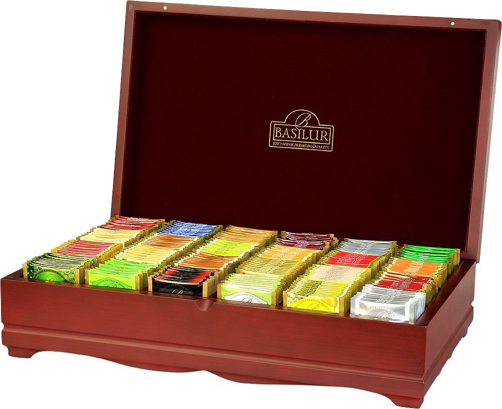 Otwarty drewniany ekspozytor Basilur z 200 kopertami herbat w różnych kolorach i smakach.