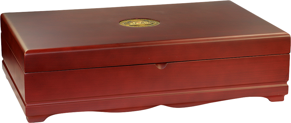 Drewniana skrzynka Basilur Orientalny Ekspozytor – eleganckie pudełko z logo na wieczku.