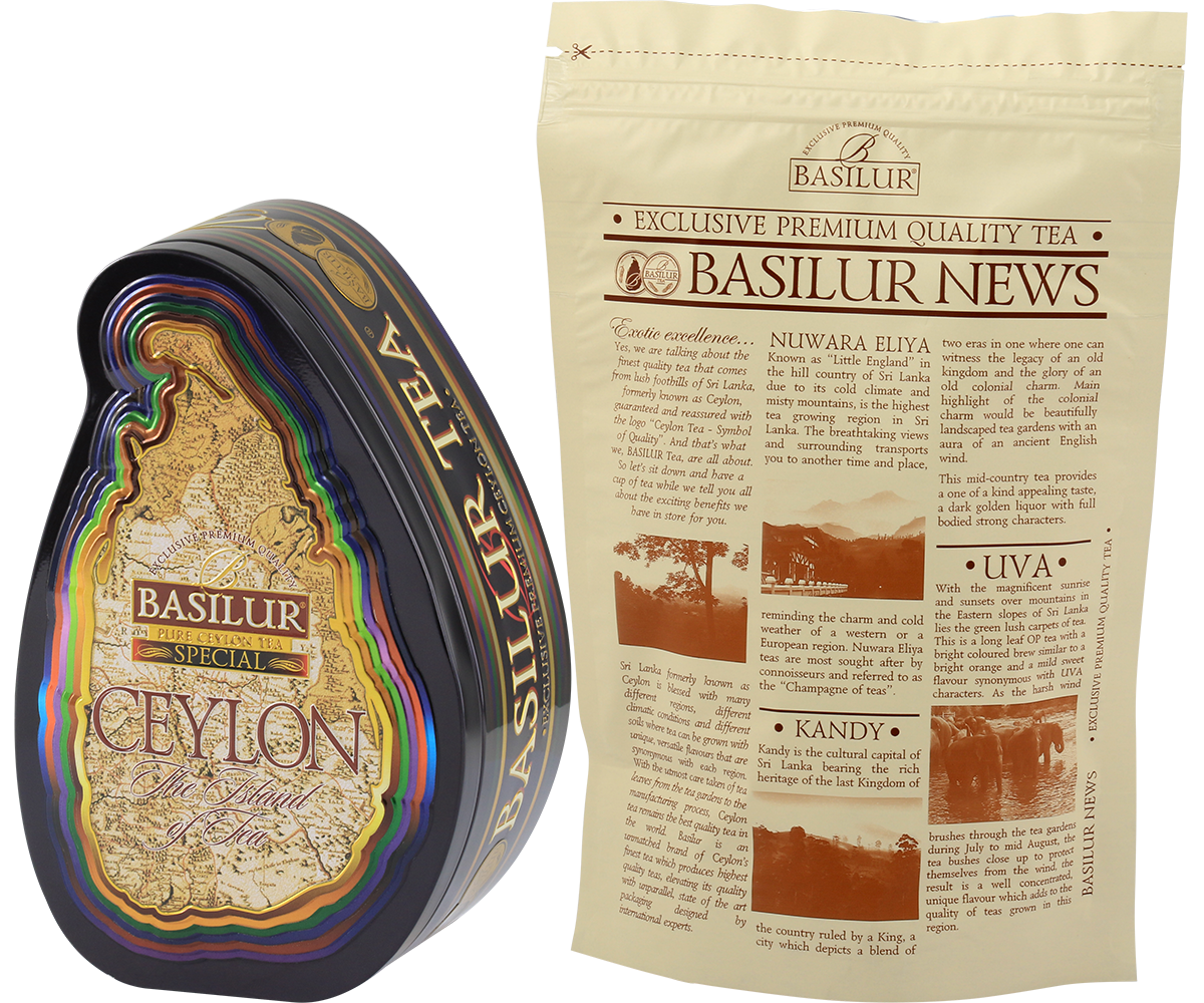 Puszka Basilur Special w kształcie Sri Lanki z torebką foliową wewnątrz.